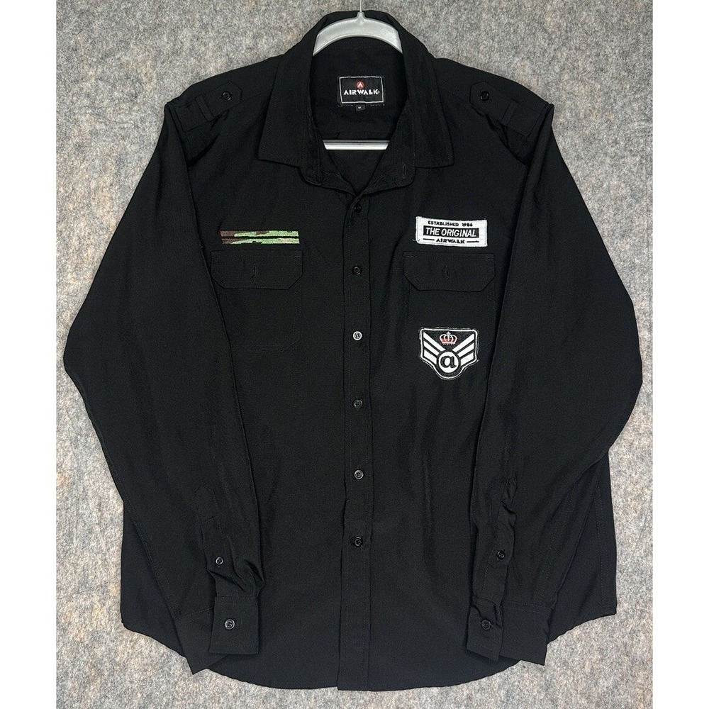 Airwalk Button-Up Shirt Men's X-Large Black Military Skater Long-Sleeve Patches